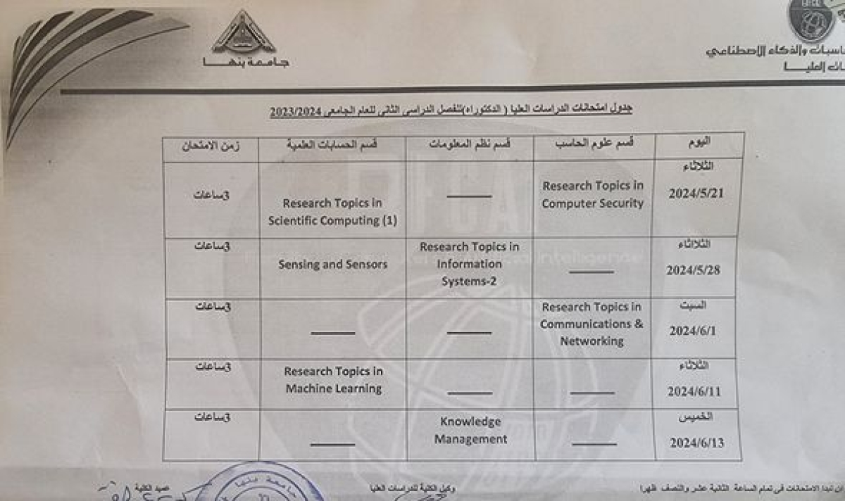 جدول إمتحانات الدراسات العليا لمرحلة الدكتورة للفصل الدراسي الثانى للعام الجامعى 2023/2024