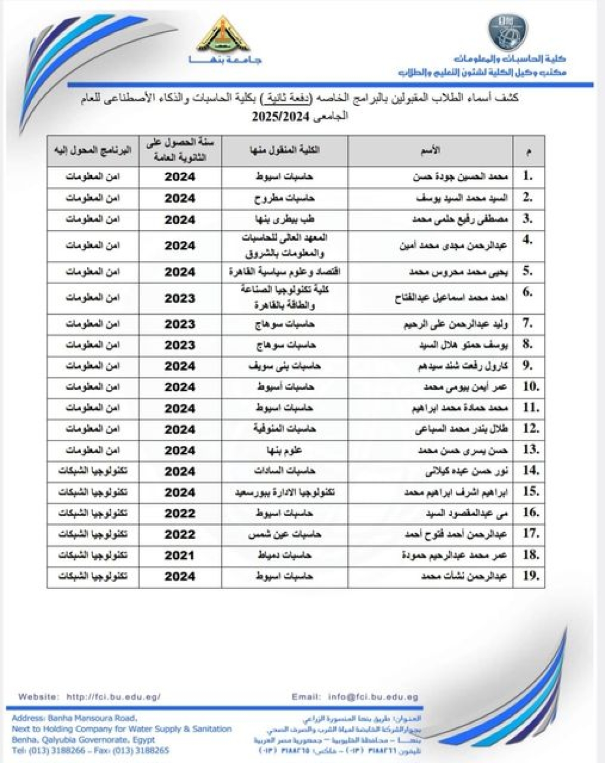 كشف بأسماء الطلاب المحولين من خارج الكلية كمجموعة ثانية إلى البرامج الخاصة بمصروفات وعليهم سرعة التوجه لمكتب البرامج بالكلية لإستكمال الإجراءات. مع تمنياتنا لكم بالنجاح والتوفيق