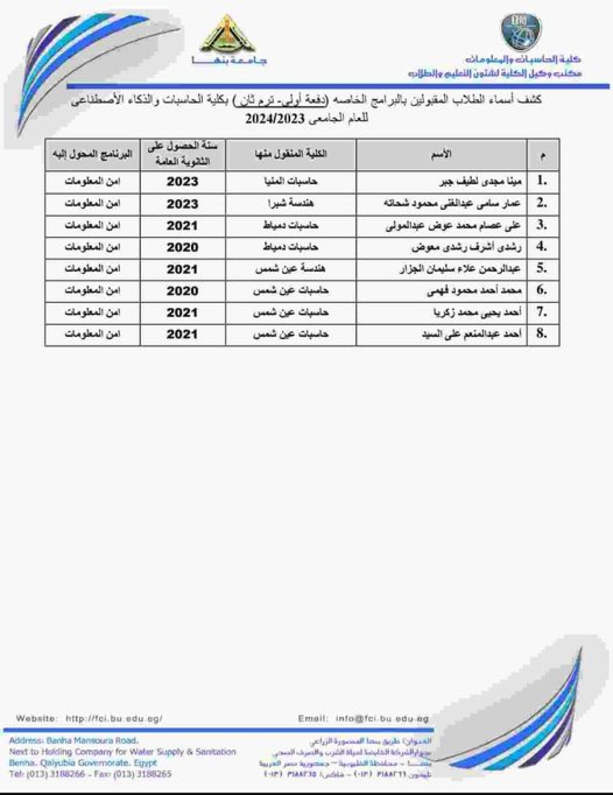 أسماء الطلاب المقبولين بالبرامج الخاصة(دفعة أولى ترم ثانى ) بكلية الحاسبات والذكاء الاصطناعي للعام الجامعي 2023/2024