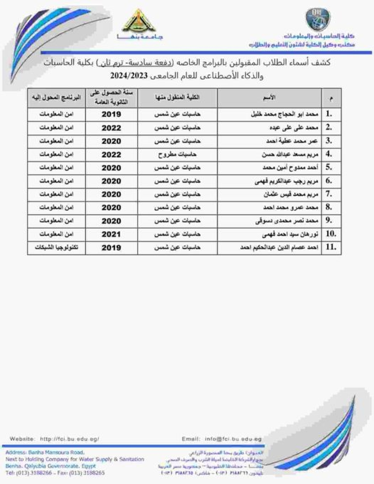 كشف بأسماء الطلاب المقبولين بالبرامج الخاصة الدفعة السادسة الترم الثانى بكلية الحاسبات والذكاء الاصطناعي للعام الجامعى 2023/2024