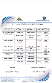 جدول إمتحانات الفصل الدراسى الصيفى للمستوى العام للعام الجامعى ٢٠٢١/٢٠٢٢